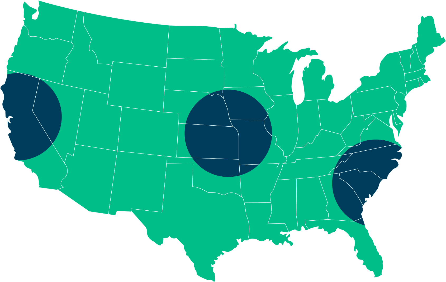 Warehouse locations indicated on U.S. map in Stockton, CA, Kansas City, KS, and Wallace, NC