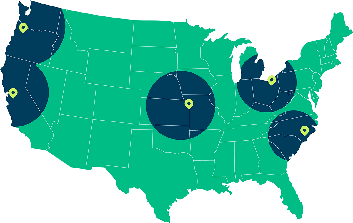 Warehouse locations indicated on U.S. map in Stockton, CA, Kansas City, KS, and Wallace, NC